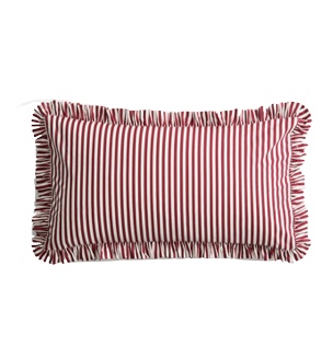 Candy cane red and white striped rectangular lumbar pillow with ruffle trim